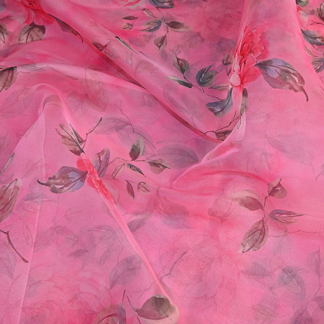 Blush Pink Floral Printed Organza Fabric