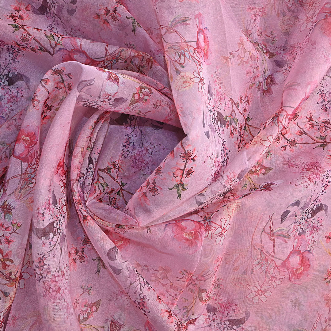 Cotton Candy Pink Floral Printed Organza Fabric