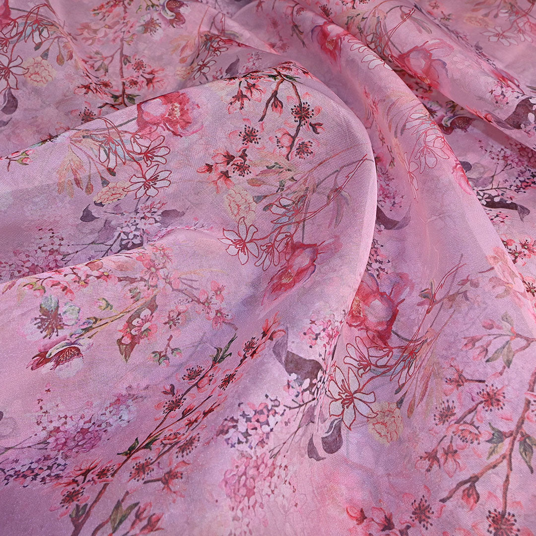 Cotton Candy Pink Floral Printed Organza Fabric