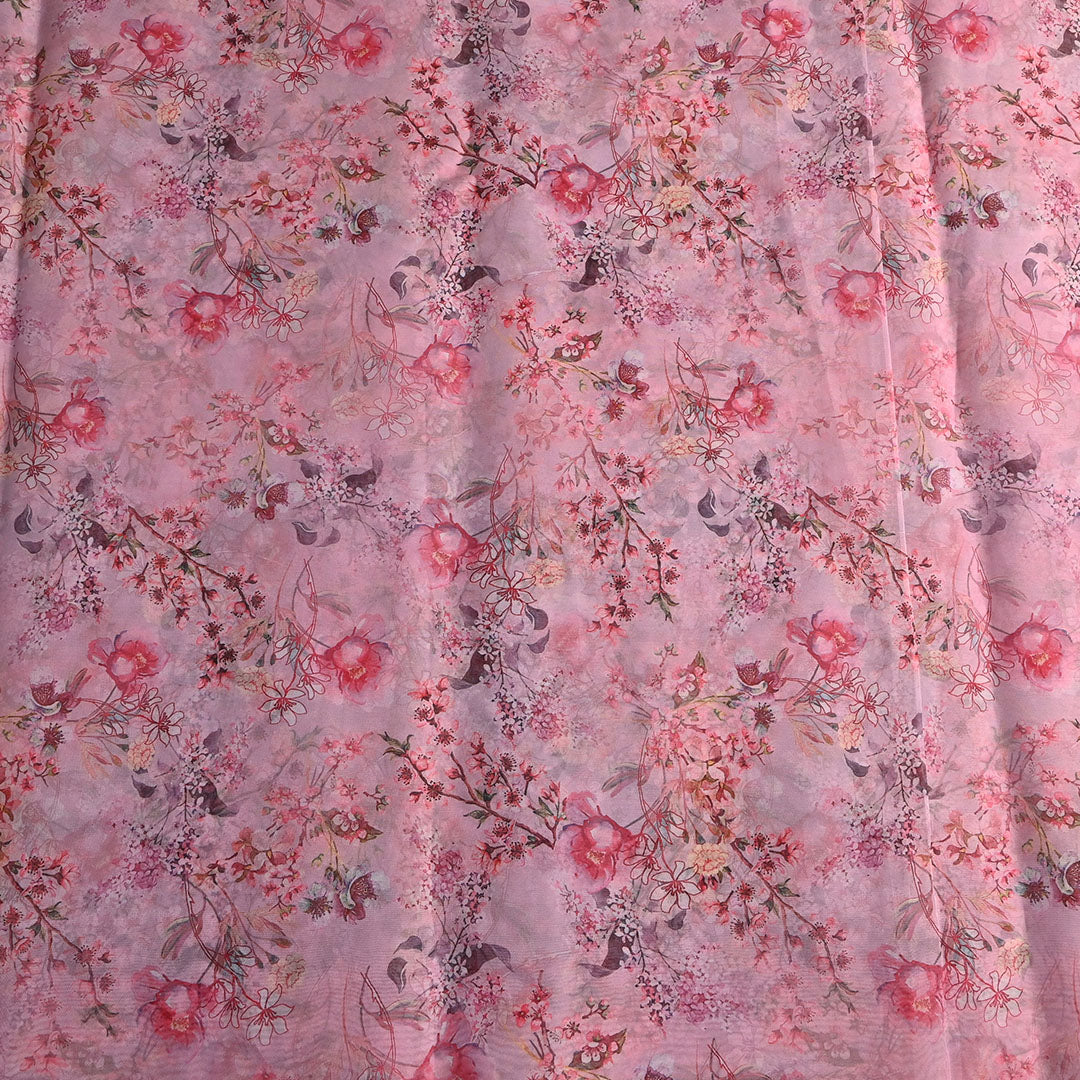 Cotton Candy Pink Floral Printed Organza Fabric