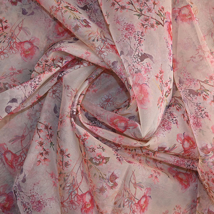 Lady Pink Floral Printed Organza Fabric