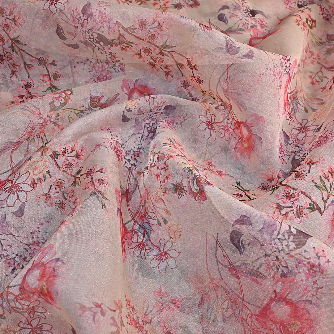 Lady Pink Floral Printed Organza Fabric