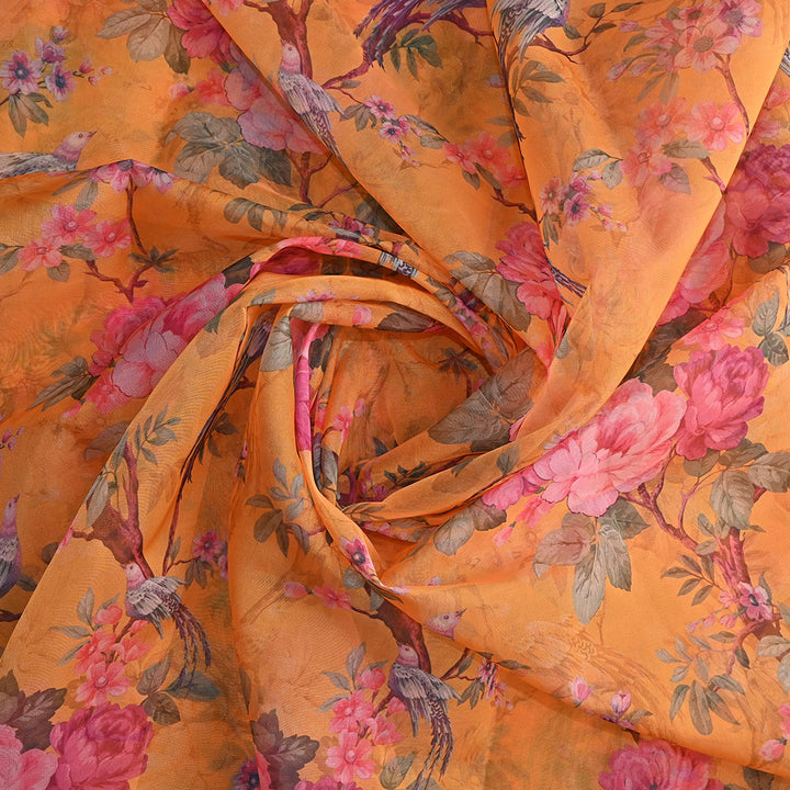 Rajah Orange Floral Printed Organza Fabric