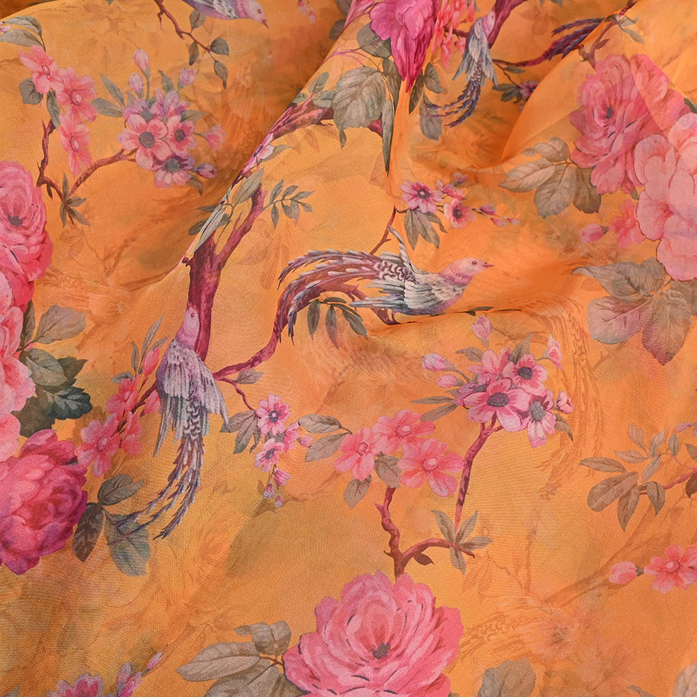 Rajah Orange Floral Printed Organza Fabric