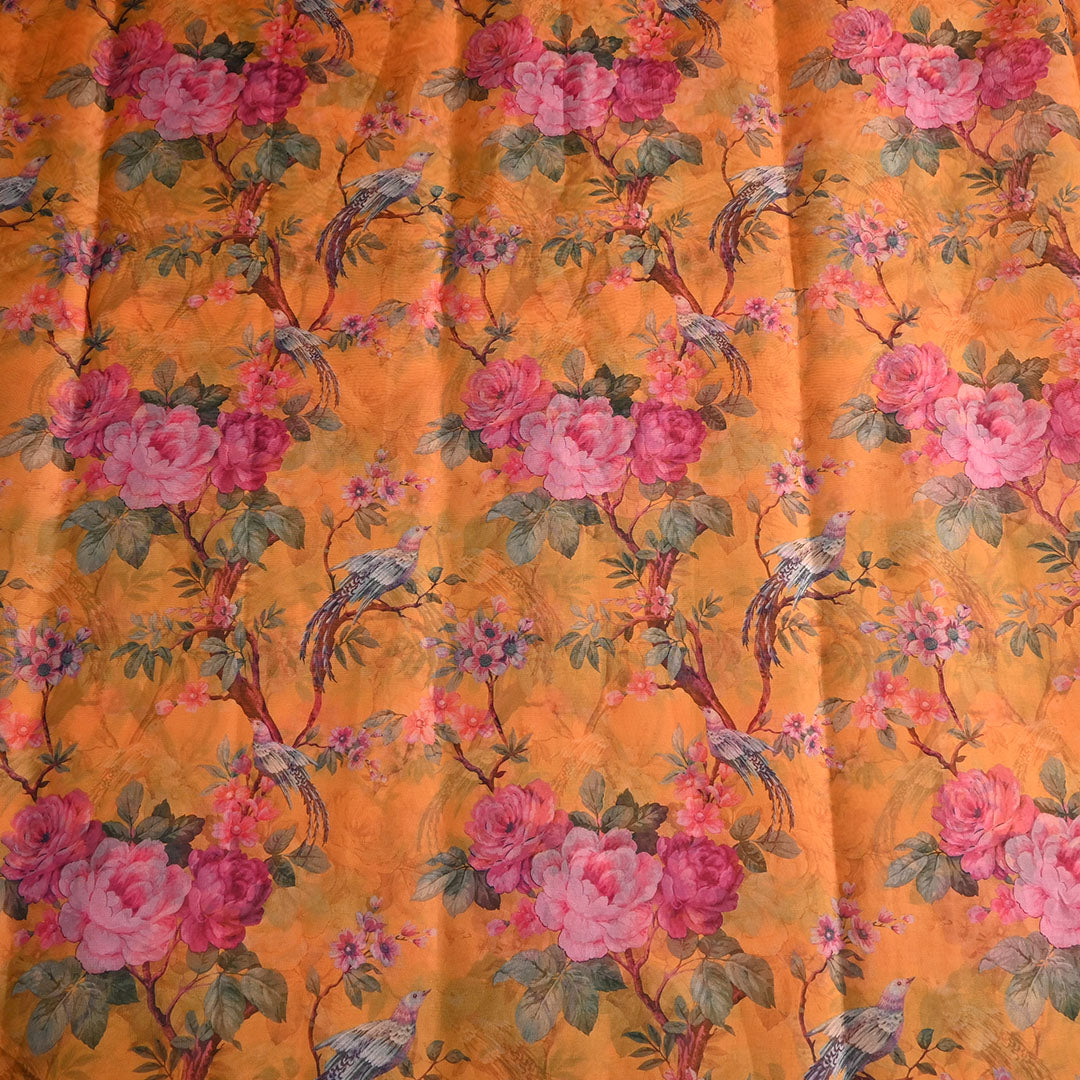 Rajah Orange Floral Printed Organza Fabric