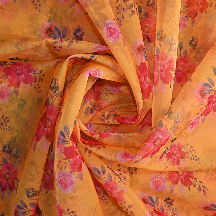 Hunyadi Yellow Floral Printed Organza Fabric