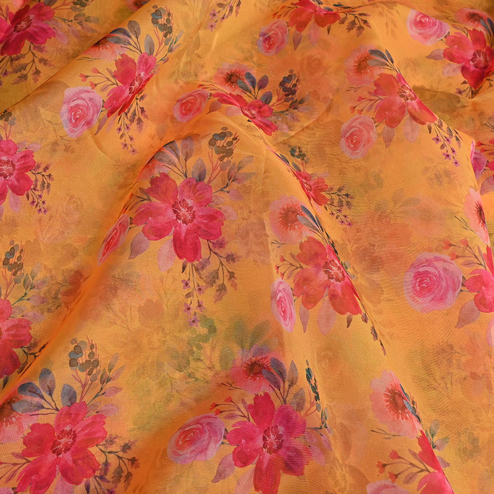 Hunyadi Yellow Floral Printed Organza Fabric