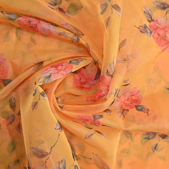 Pastel Yellow Floral Printed Organza Fabric