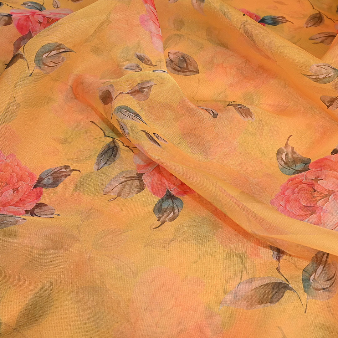 Pastel Yellow Floral Printed Organza Fabric