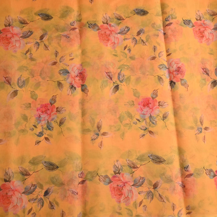 Pastel Yellow Floral Printed Organza Fabric