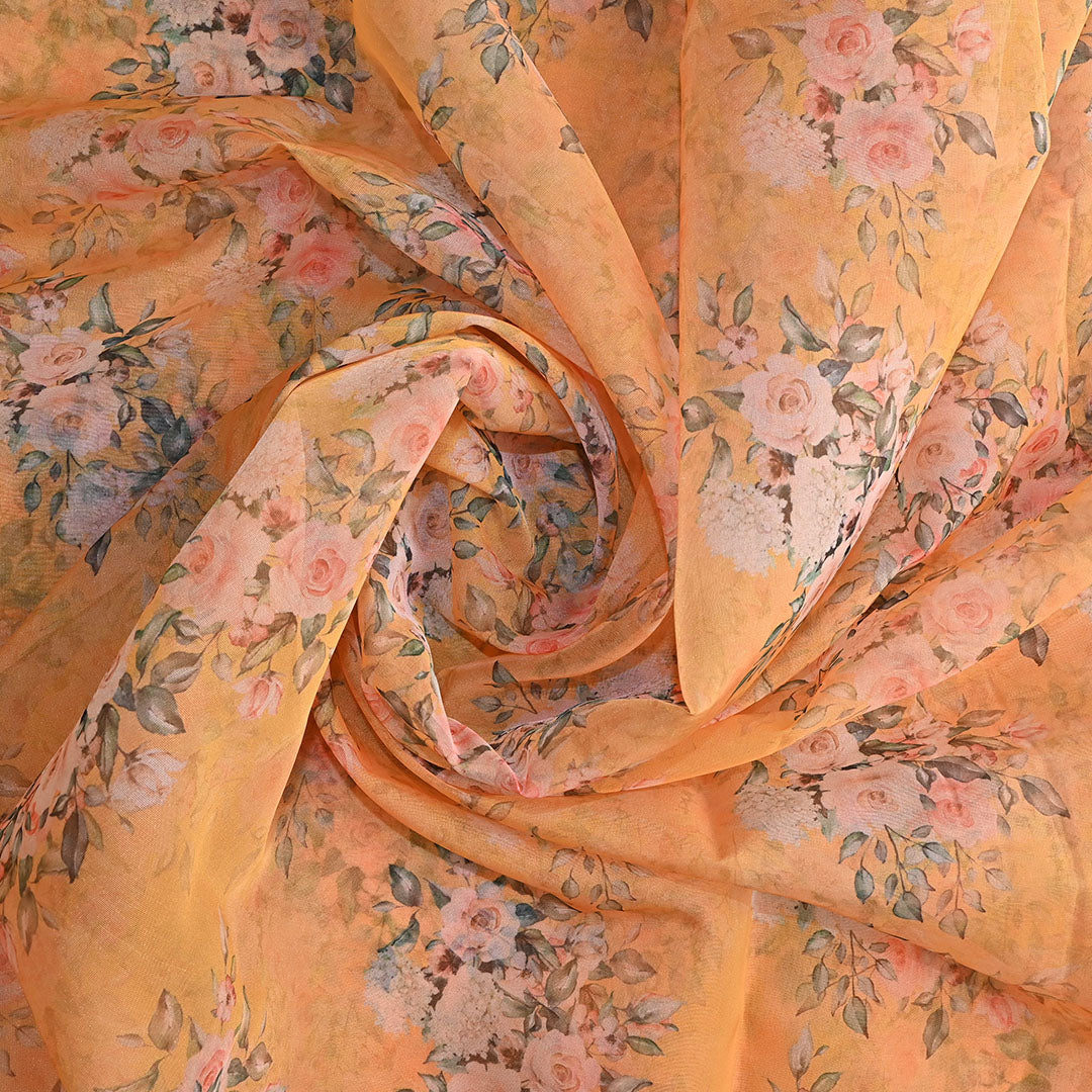 Cantaloupe Orange Floral Printed Organza Fabric