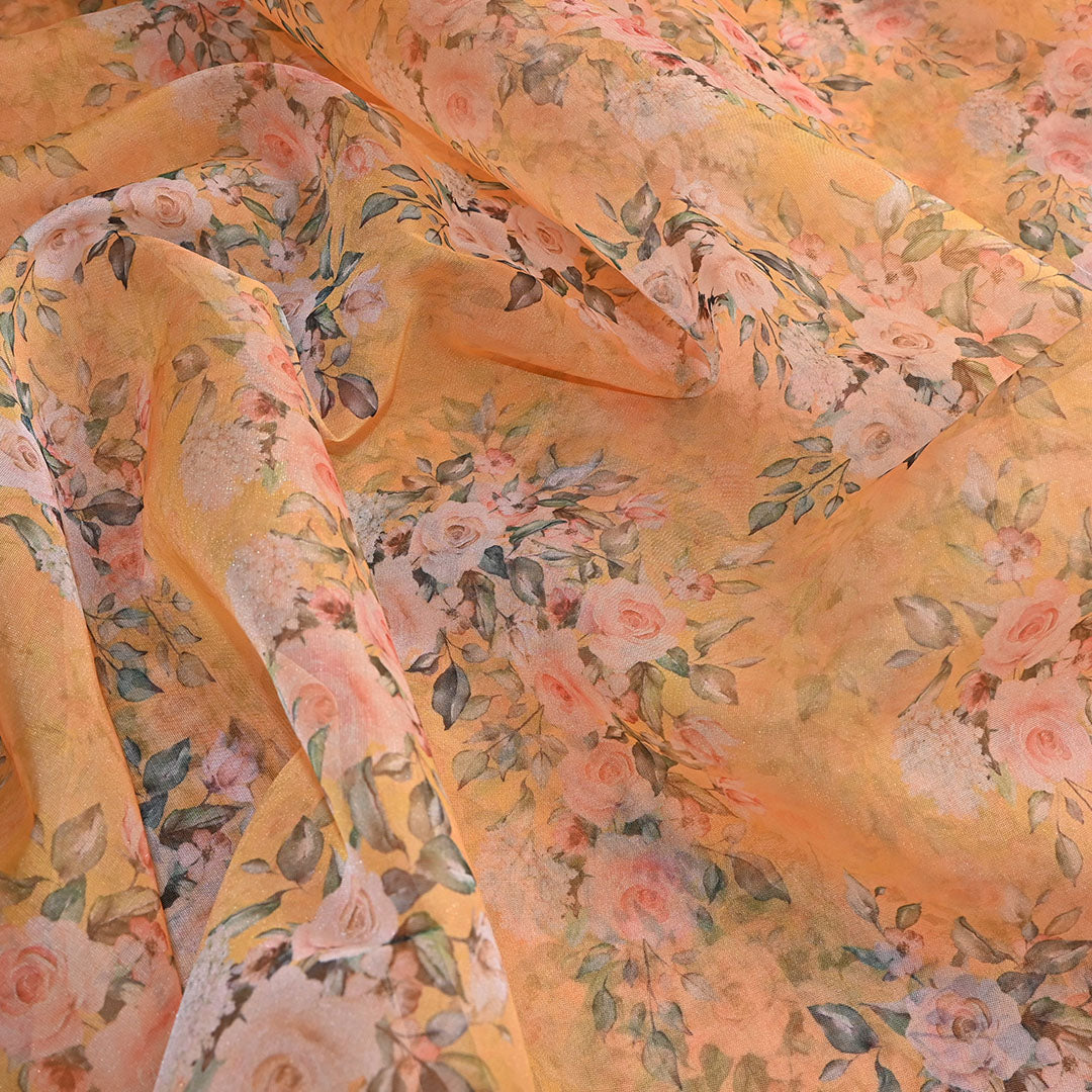 Cantaloupe Orange Floral Printed Organza Fabric