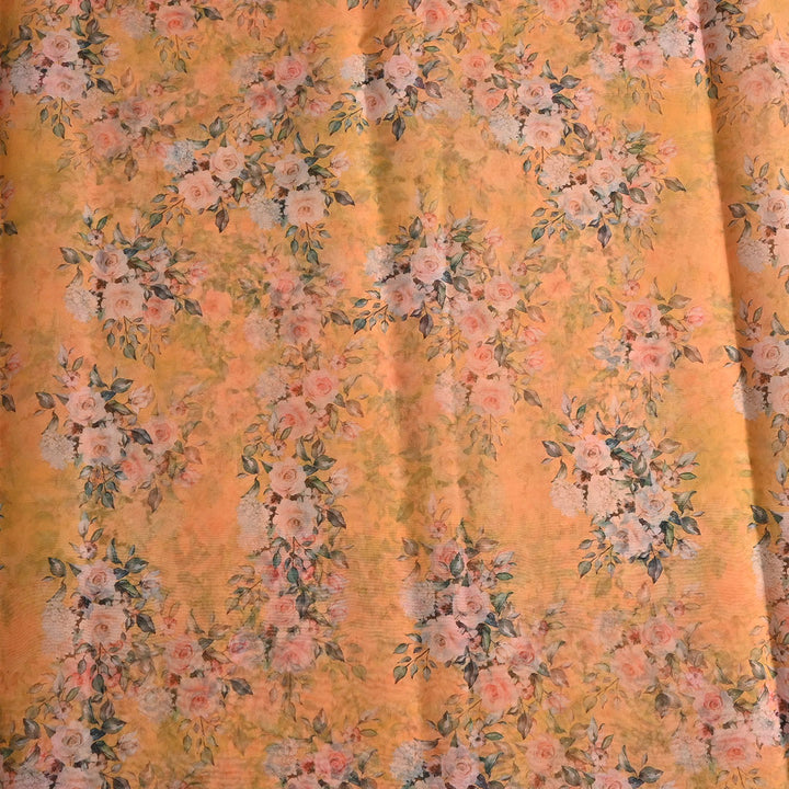 Cantaloupe Orange Floral Printed Organza Fabric