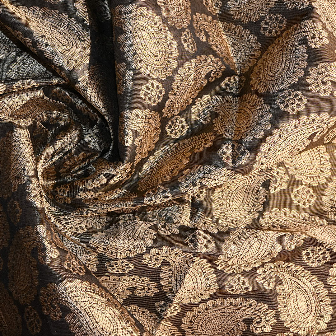 Warm Grey Kanchi Silk Fabric With Floral Paisley