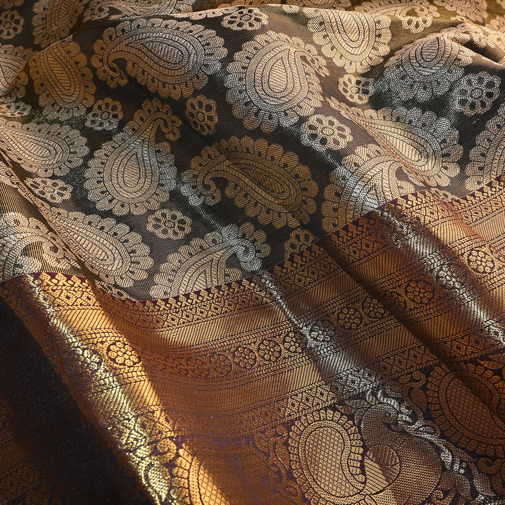 Warm Grey Kanchi Silk Fabric With Floral Paisley