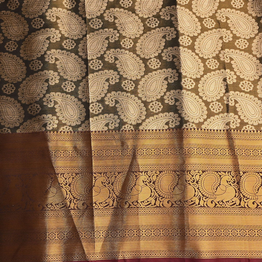 Warm Grey Kanchi Silk Fabric With Floral Paisley