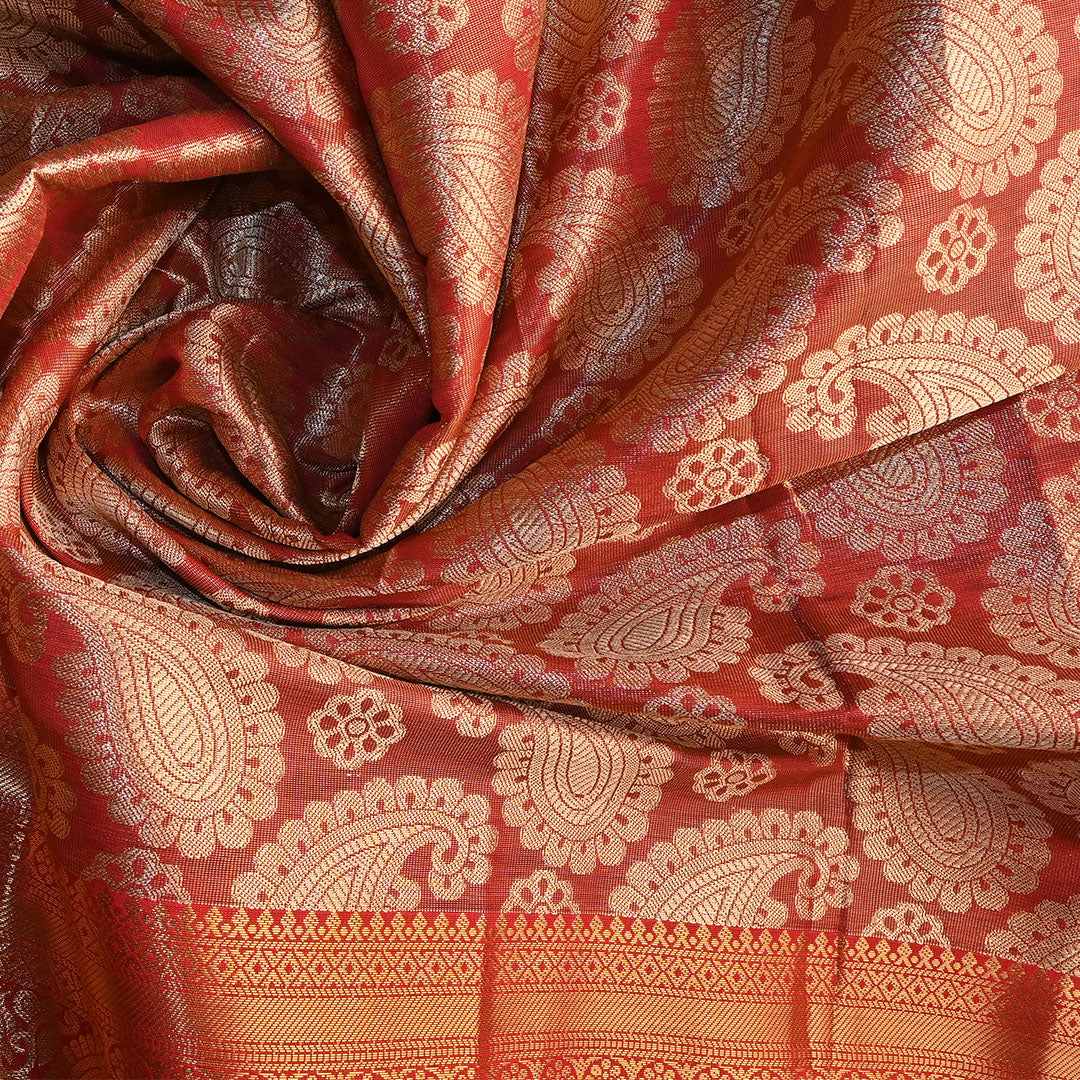 Coral Orange Kanchi Silk Fabric With Floral Paisley