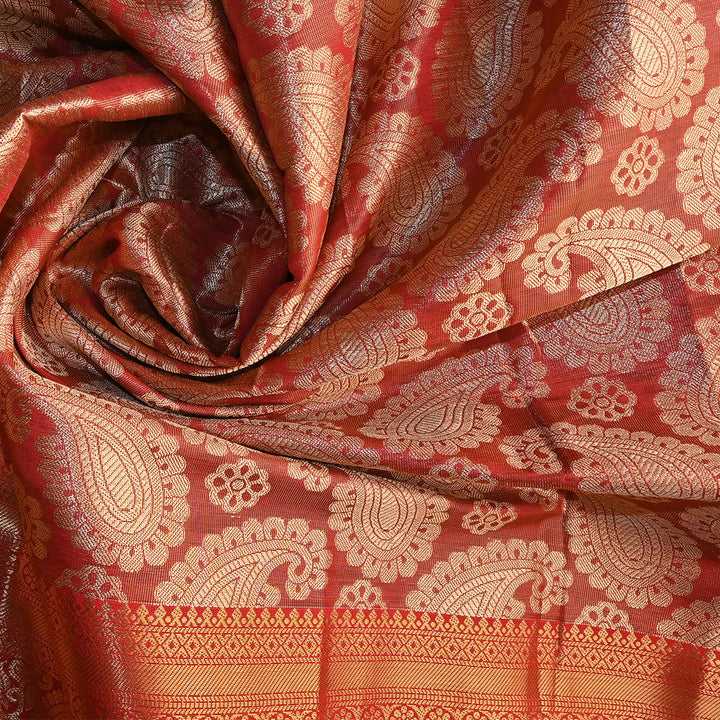 Coral Orange Kanchi Silk Fabric With Floral Paisley