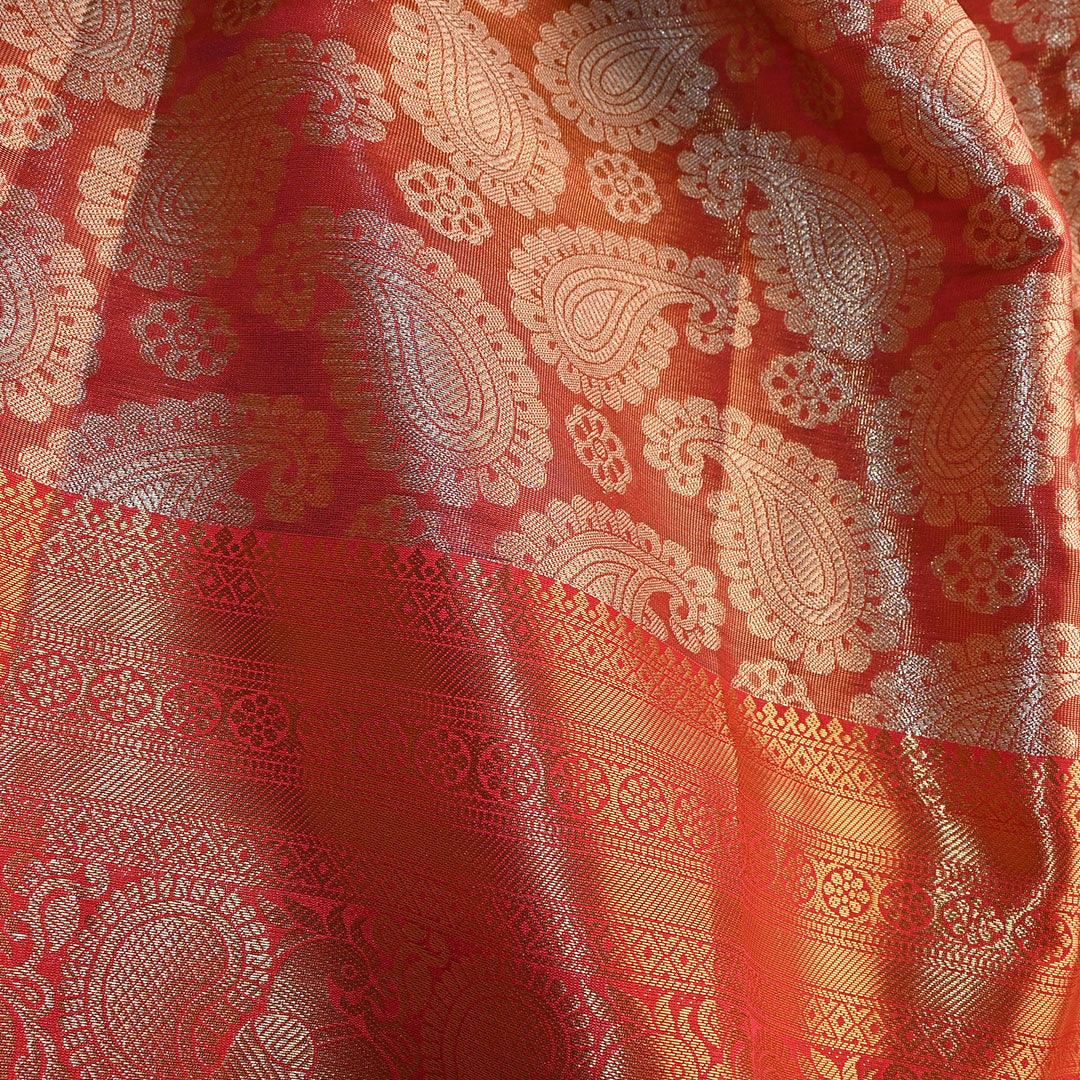 Coral Orange Kanchi Silk Fabric With Floral Paisley