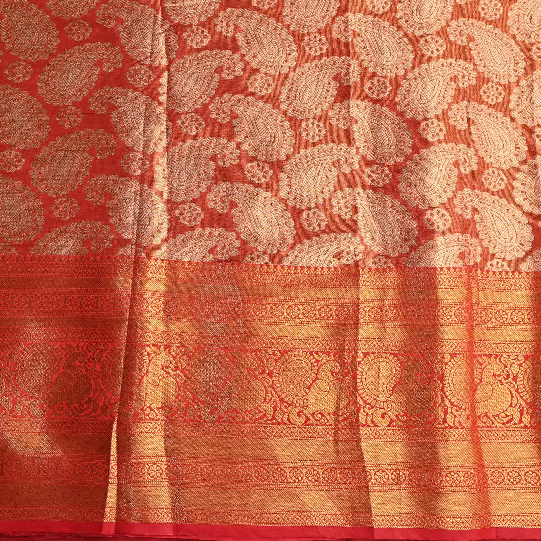 Coral Orange Kanchi Silk Fabric With Floral Paisley