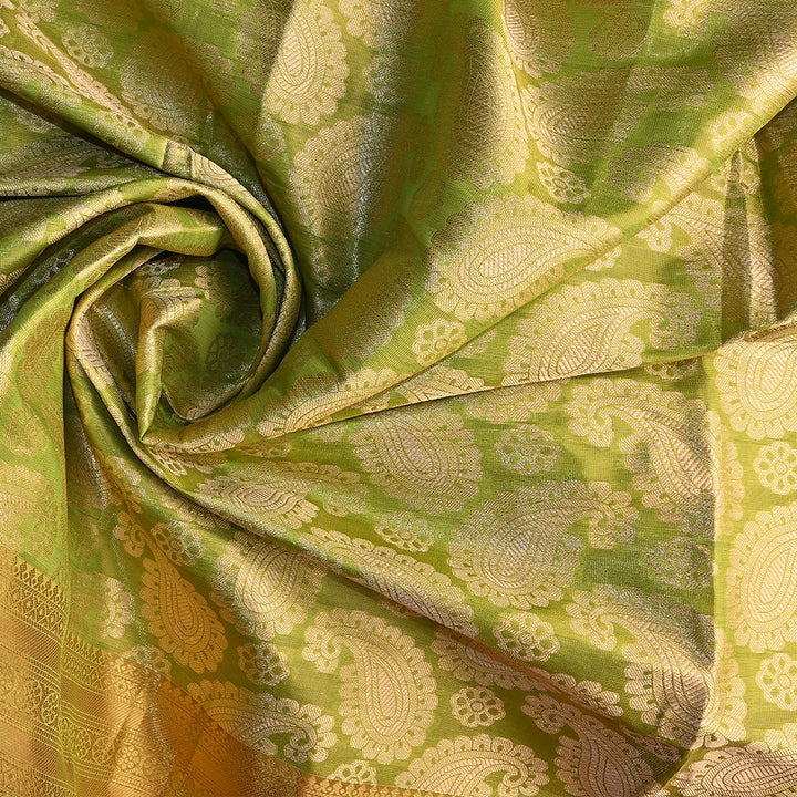 Sheen Green Kanchi Silk Fabric With Floral Paisley