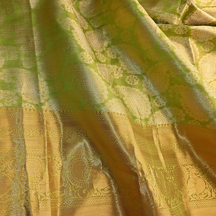 Sheen Green Kanchi Silk Fabric With Floral Paisley