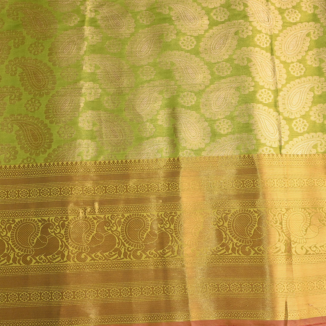 Sheen Green Kanchi Silk Fabric With Floral Paisley