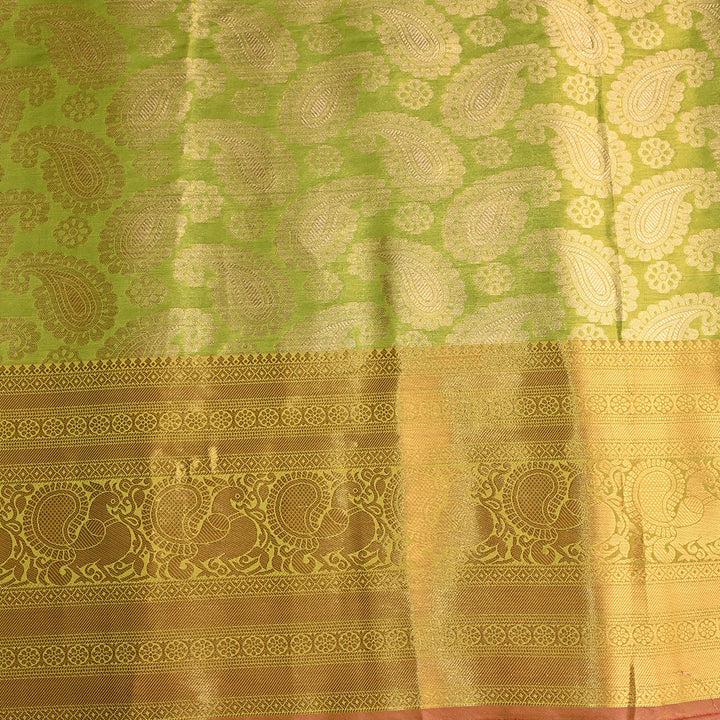 Sheen Green Kanchi Silk Fabric With Floral Paisley