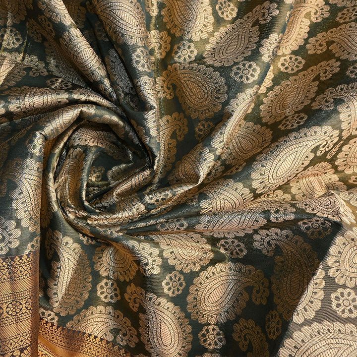 Grey Green Kanchi Silk Fabric With Floral Paisley