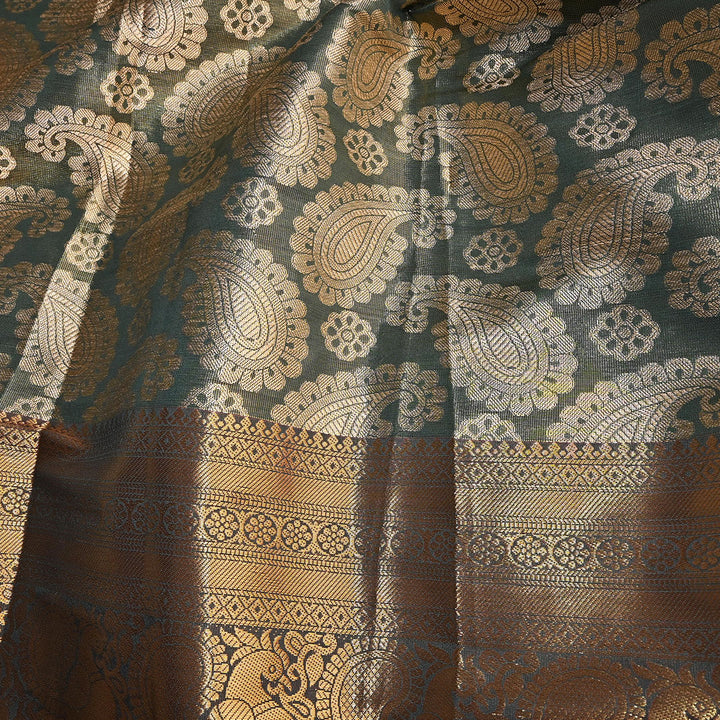 Grey Green Kanchi Silk Fabric With Floral Paisley