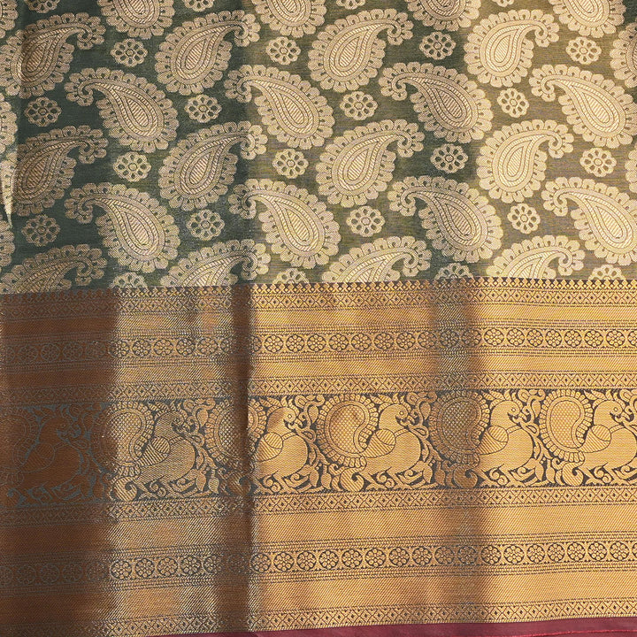 Grey Green Kanchi Silk Fabric With Floral Paisley