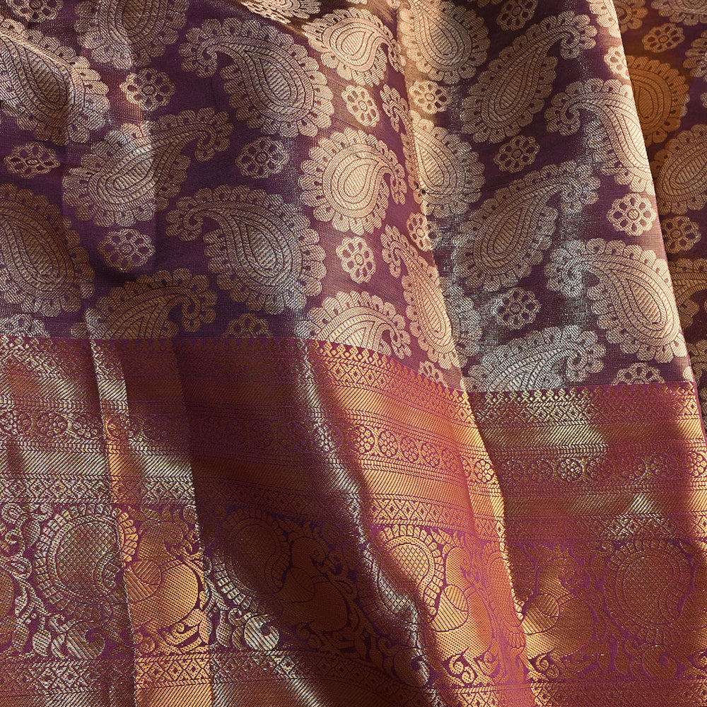 Coral Orange Kanchi Silk Fabric With Floral Paisley