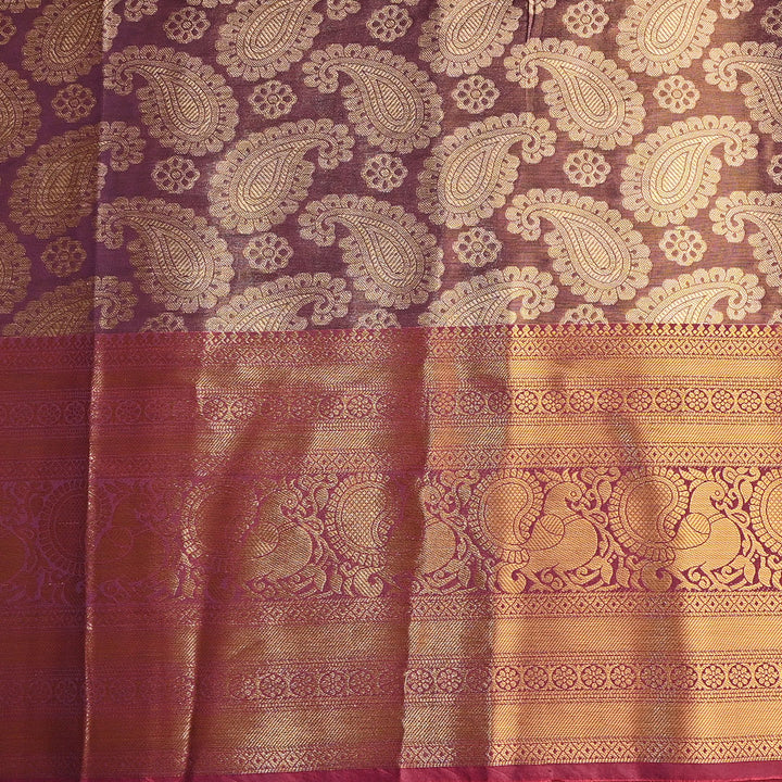 Coral Orange Kanchi Silk Fabric With Floral Paisley