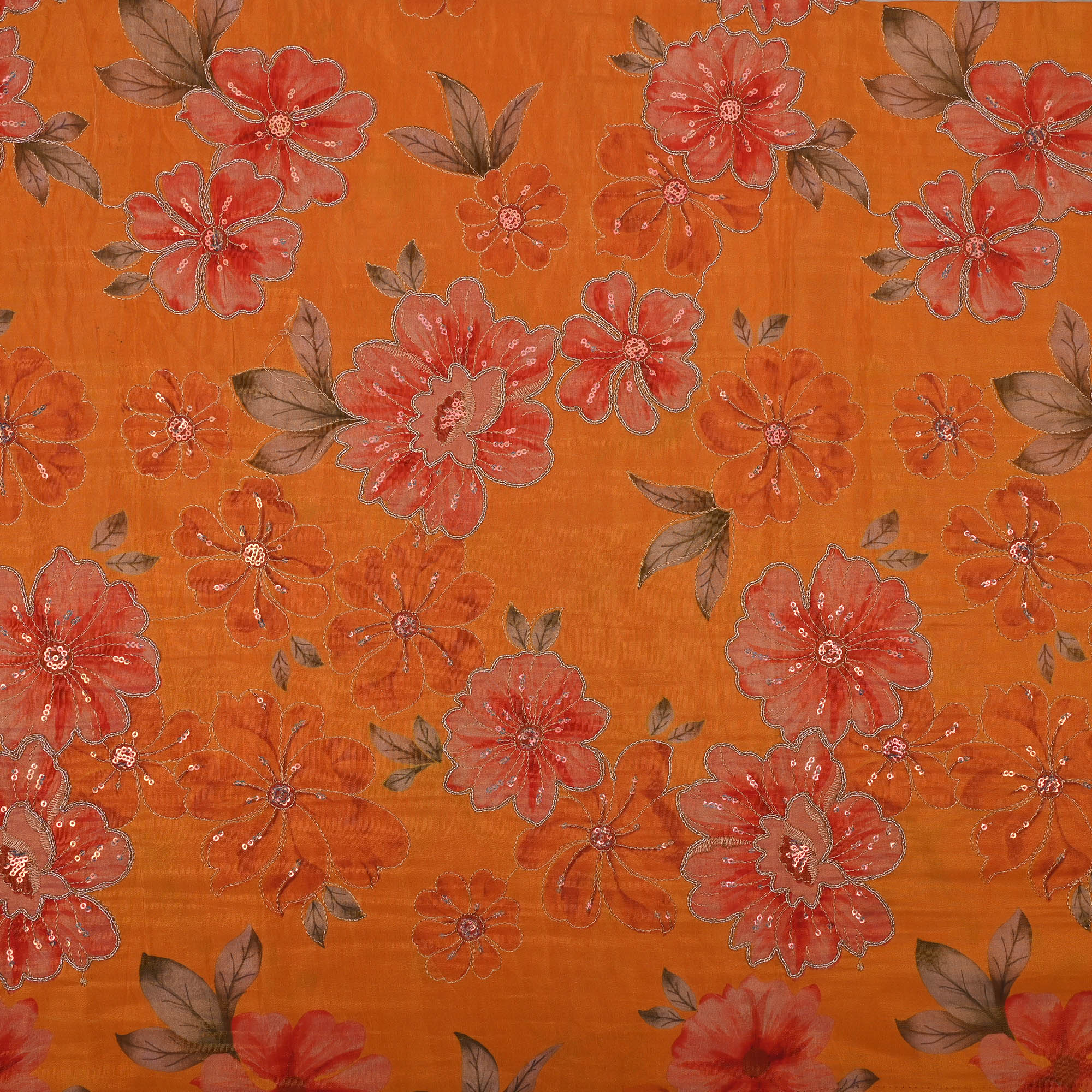 Deep Orange Printed Floral Tissue Fabric With Embroidery