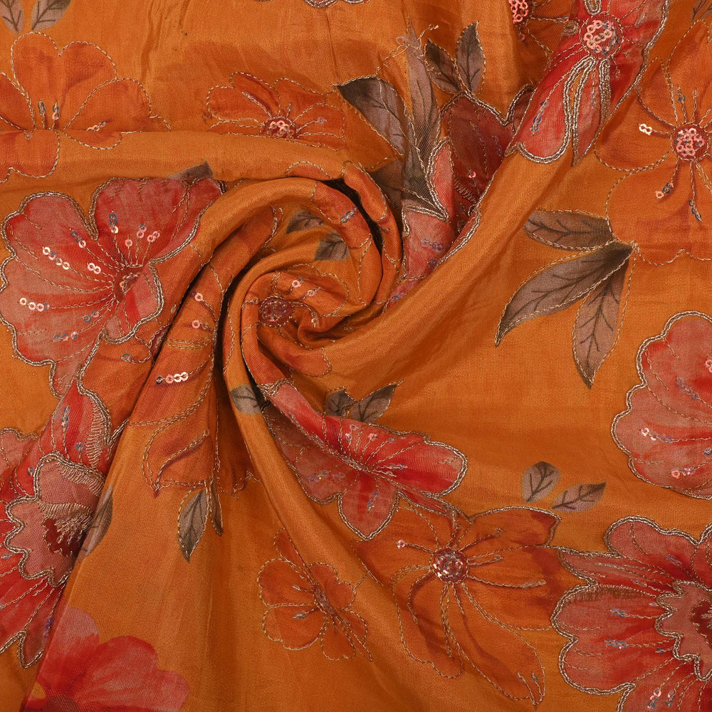 Deep Orange Printed Floral Tissue Fabric With Embroidery