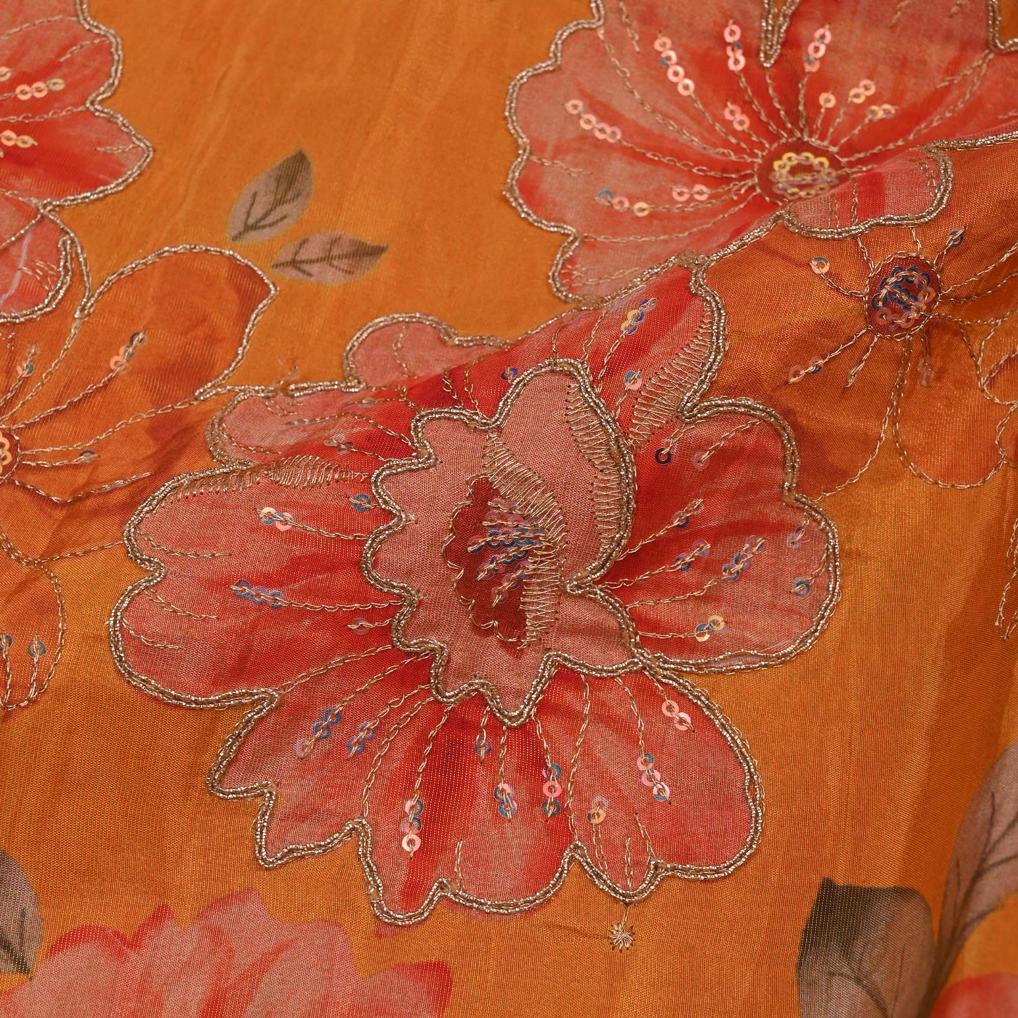 Deep Orange Printed Floral Tissue Fabric With Embroidery