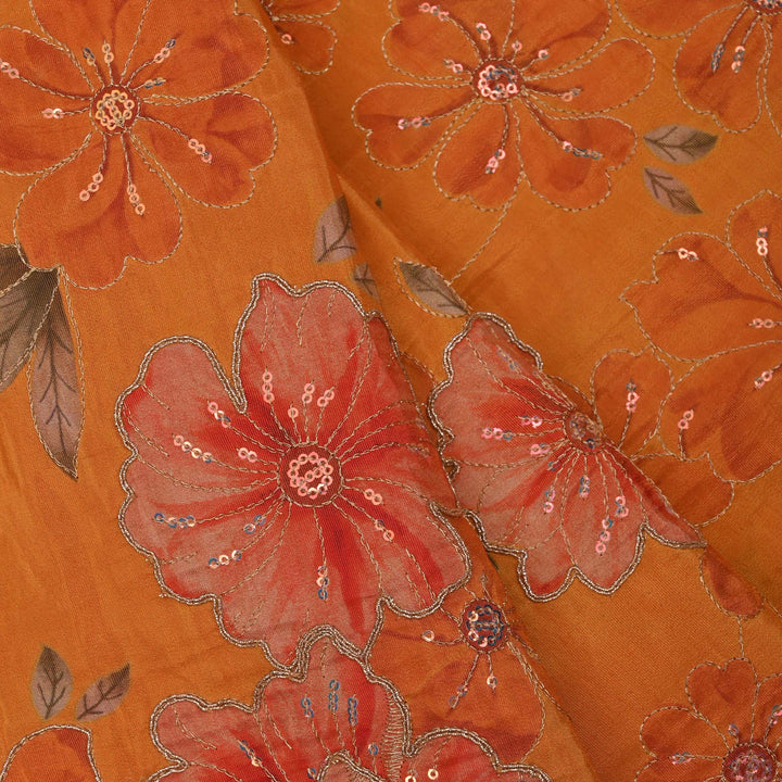 Deep Orange Printed Floral Tissue Fabric With Embroidery