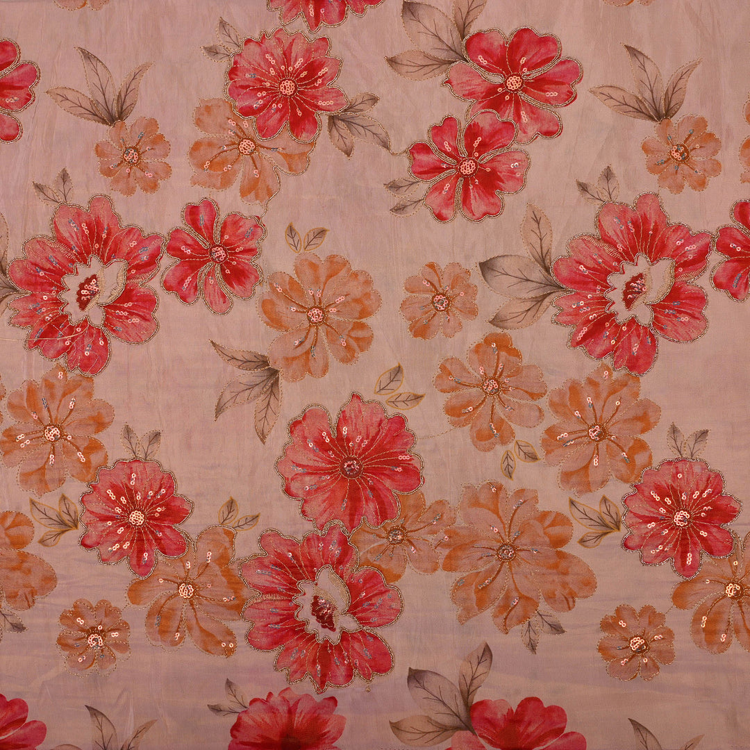 Pink White Printed Floral Tissue Fabric With Embroidery