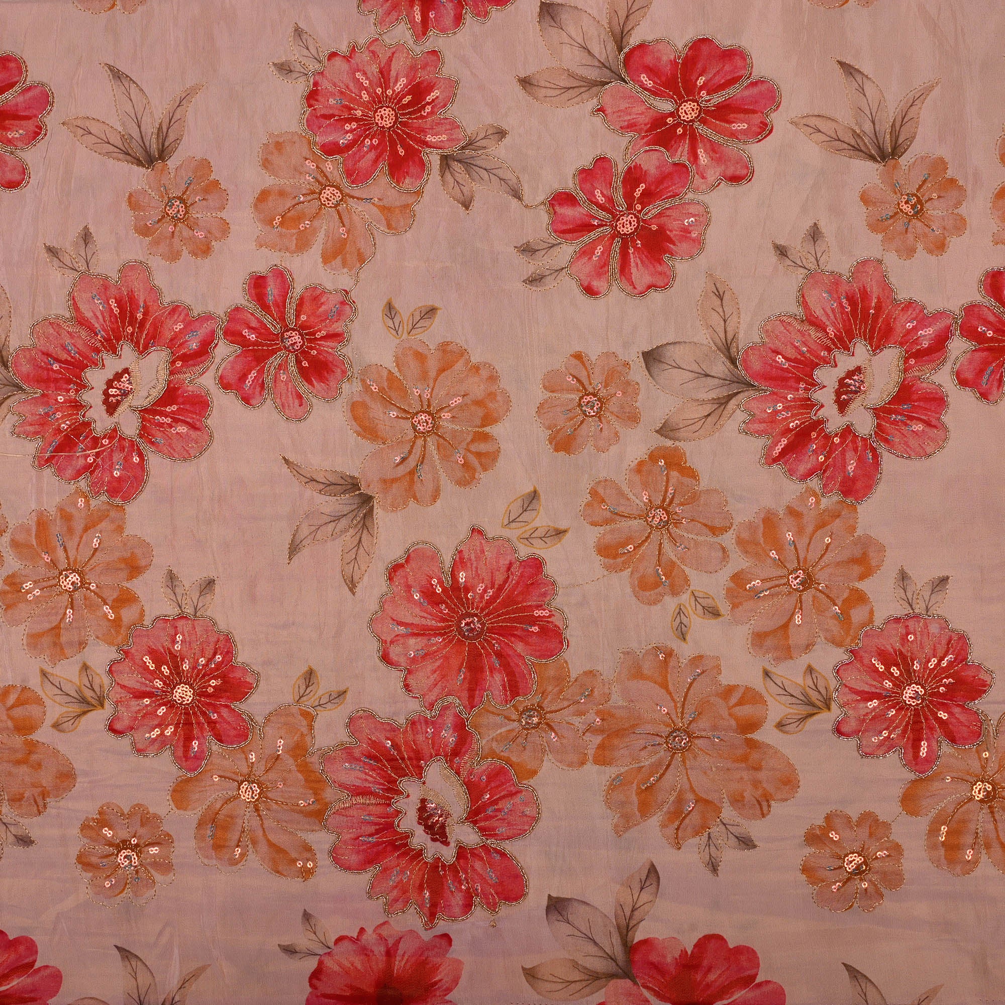 Pink White Printed Floral Tissue Fabric With Embroidery