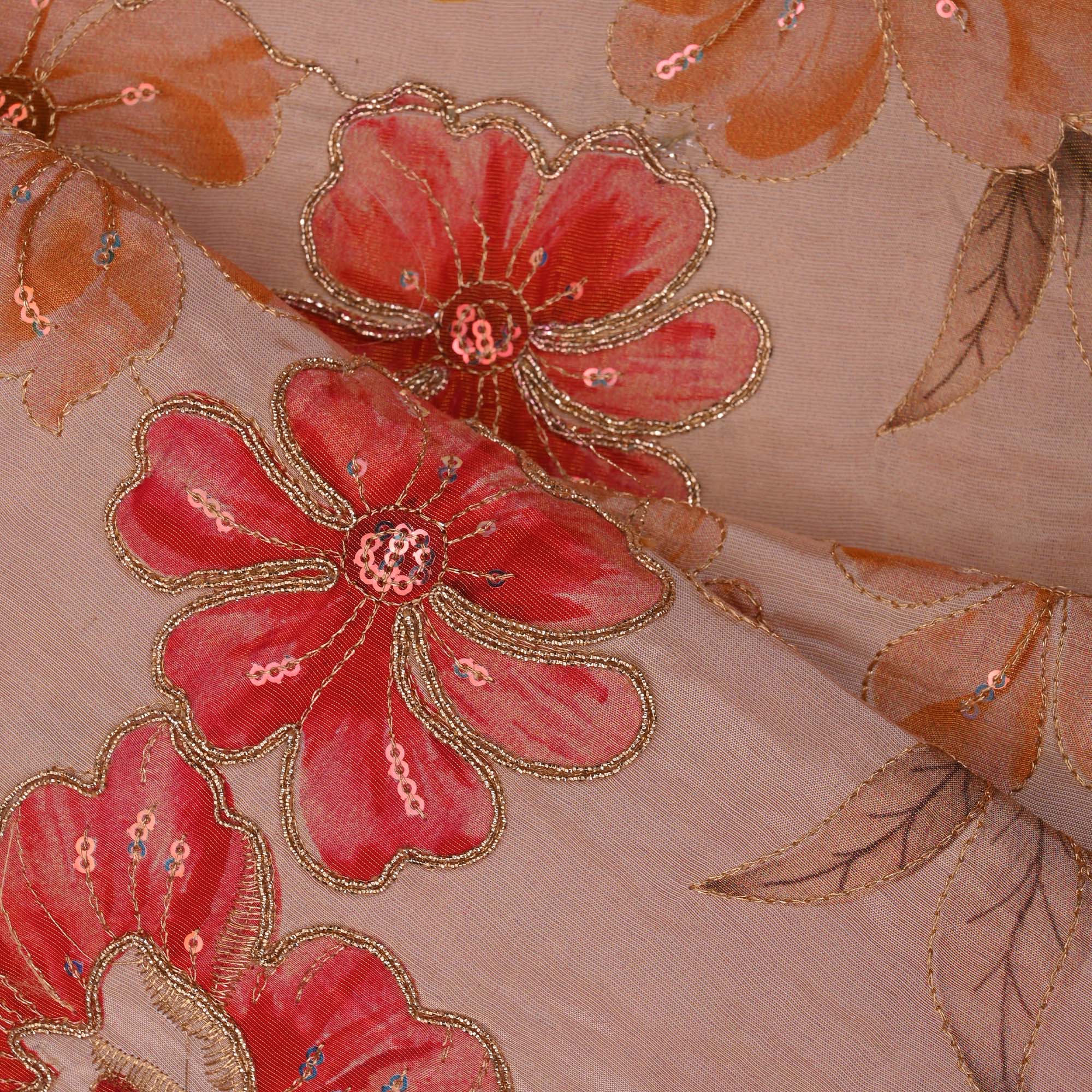 Pink White Printed Floral Tissue Fabric With Embroidery