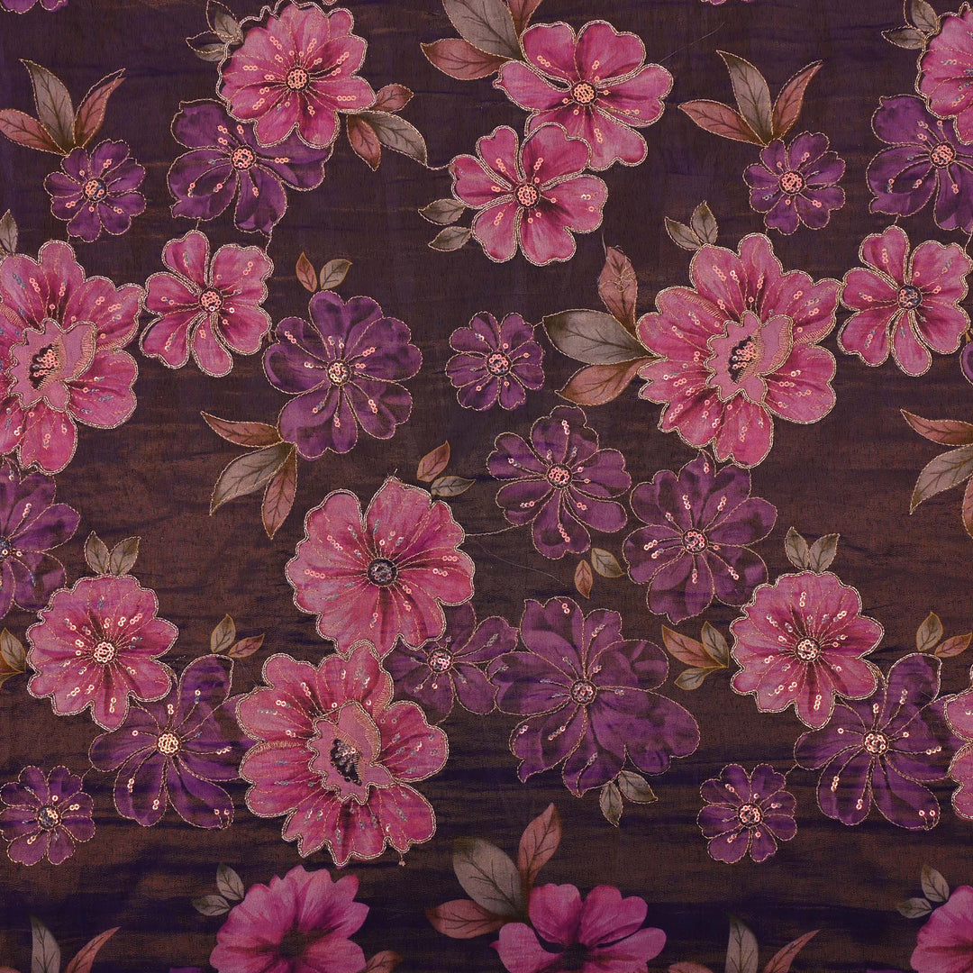 Deep Violet Printed Floral Tissue Fabric With Embroidery