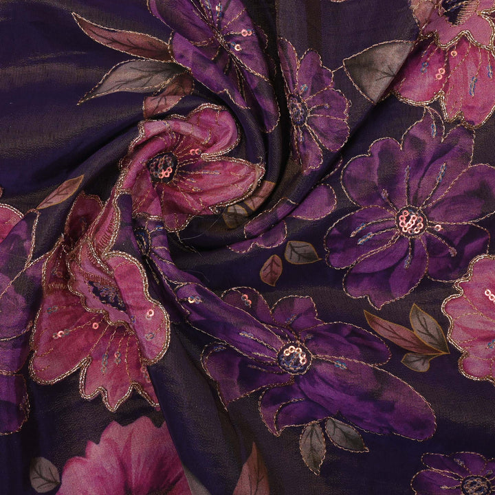 Deep Violet Printed Floral Tissue Fabric With Embroidery