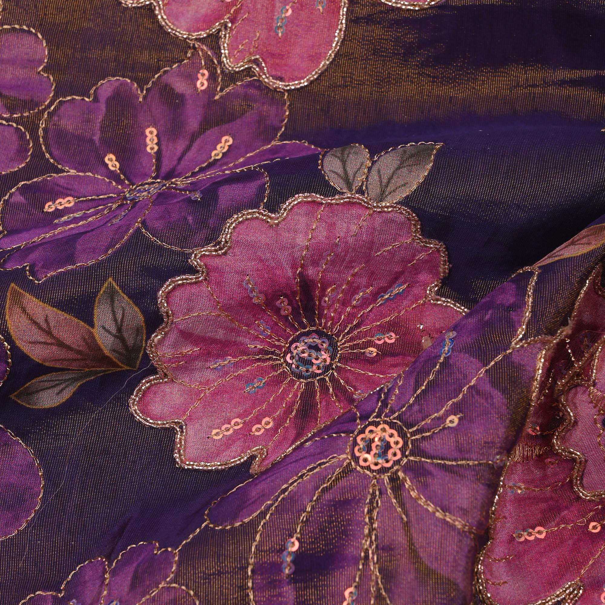 Deep Violet Printed Floral Tissue Fabric With Embroidery