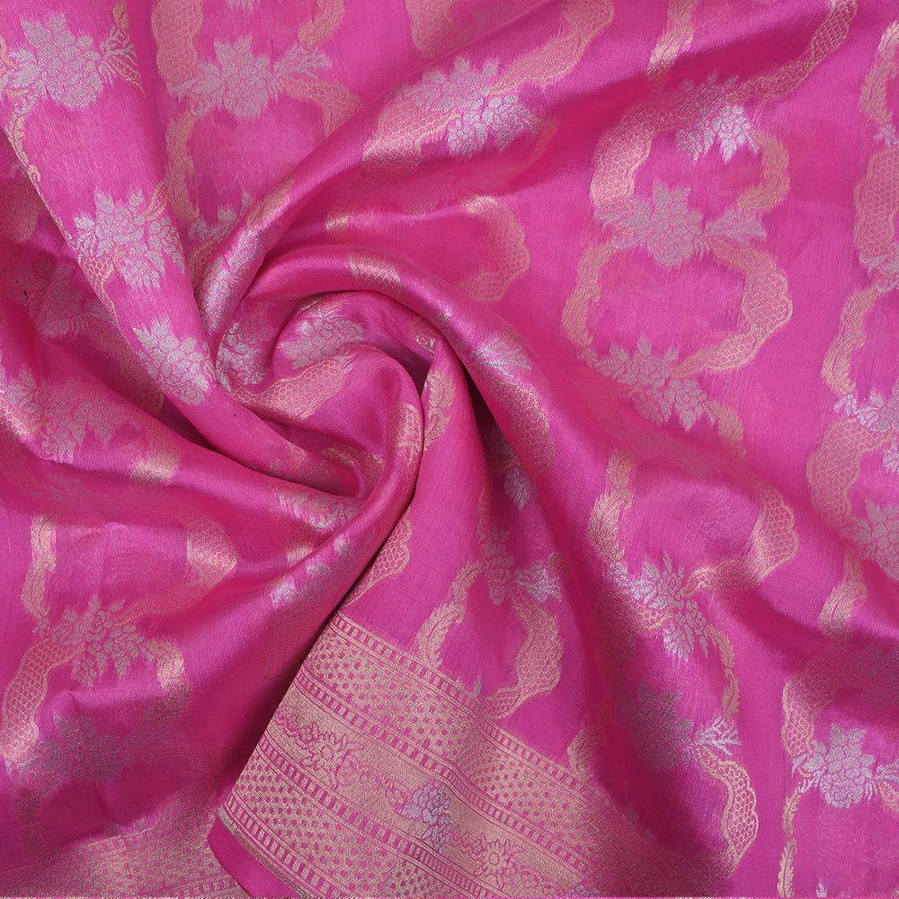 French Pink Floral Jamawar Silk Fabric