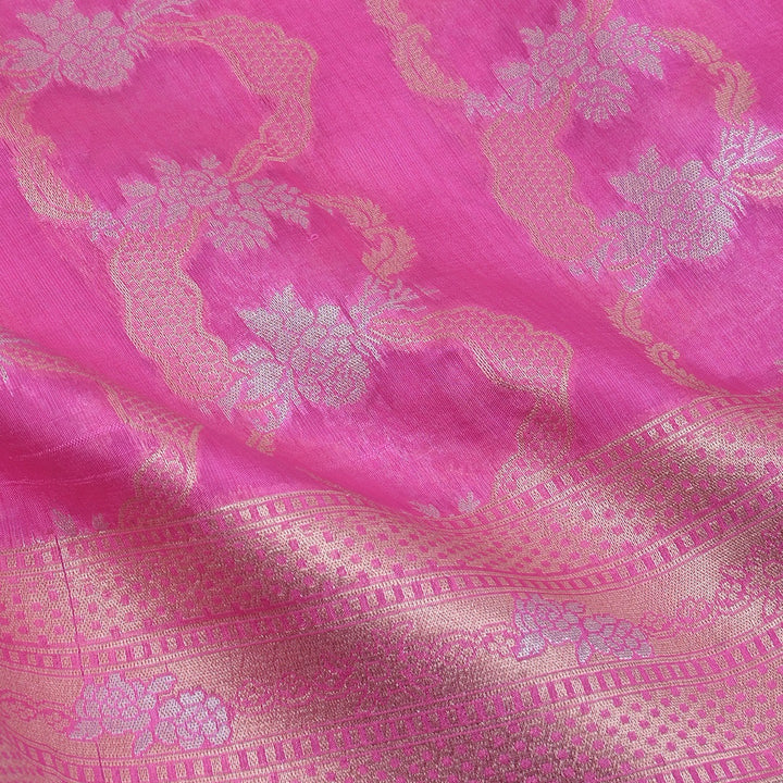 French Pink Floral Jamawar Silk Fabric