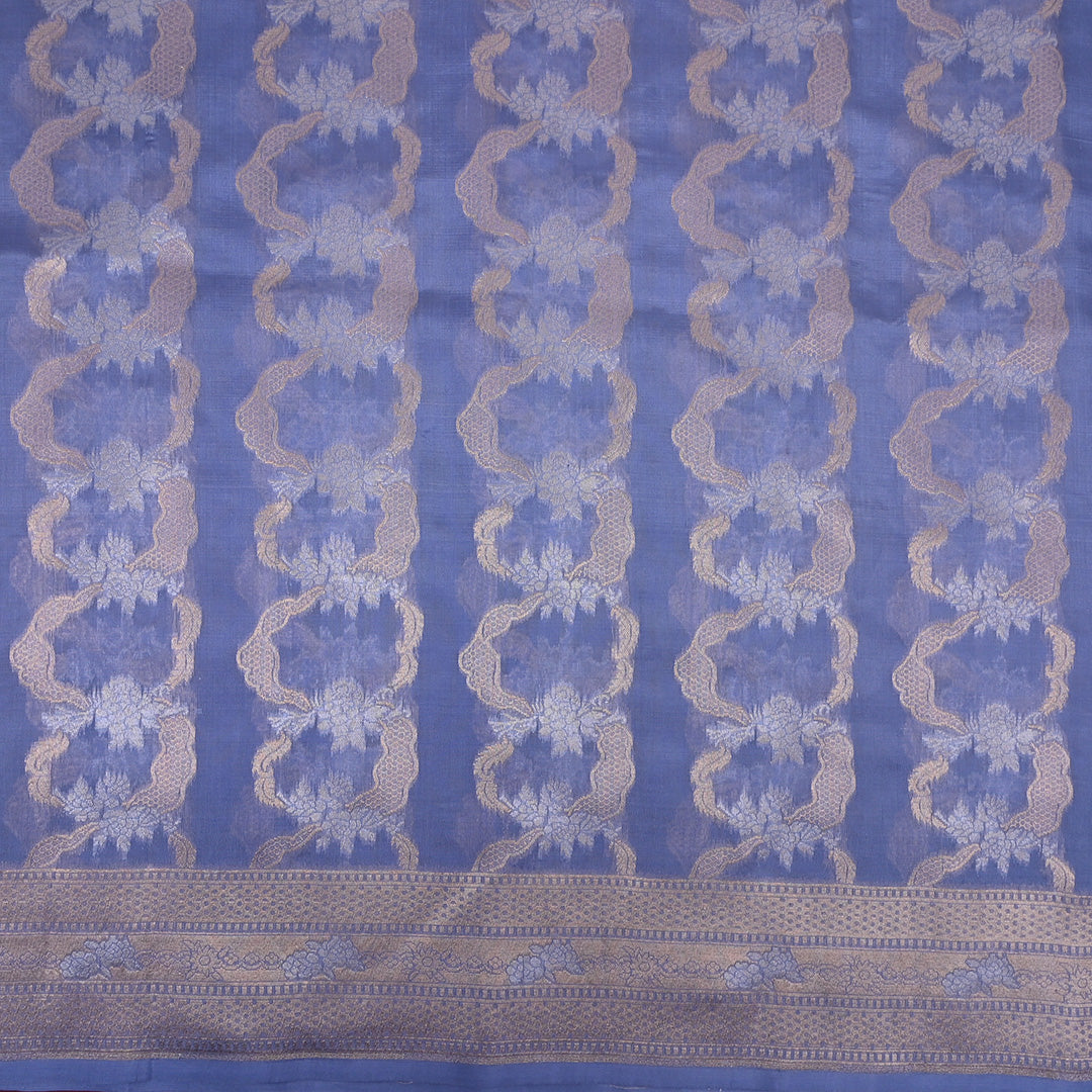 Stone Blue Jamawar Silk Fabric With Floral Pattern