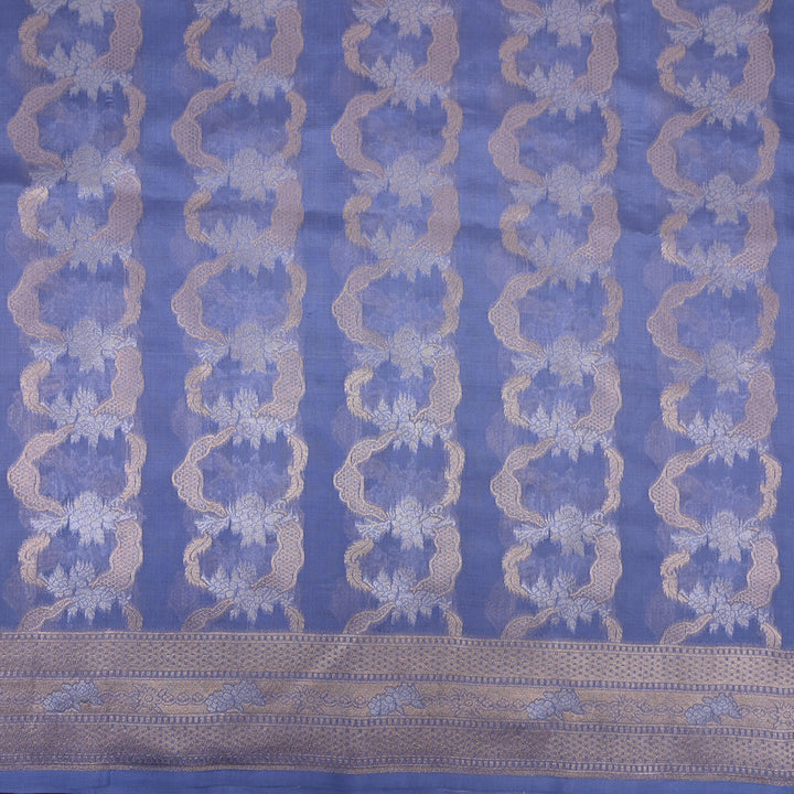 Stone Blue Jamawar Silk Fabric With Floral Pattern