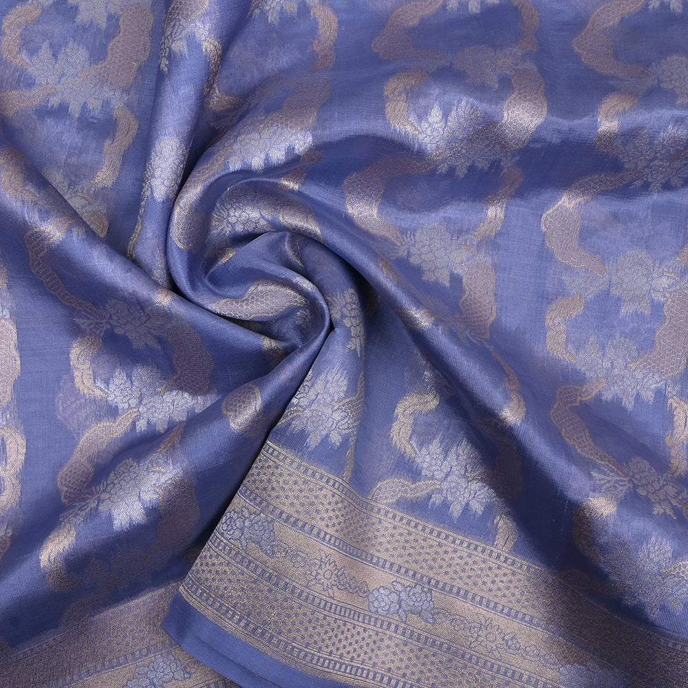 Stone Blue Jamawar Silk Fabric With Floral Pattern