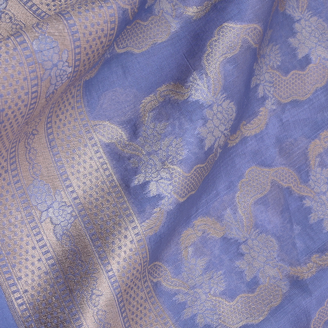 Stone Blue Jamawar Silk Fabric With Floral Pattern