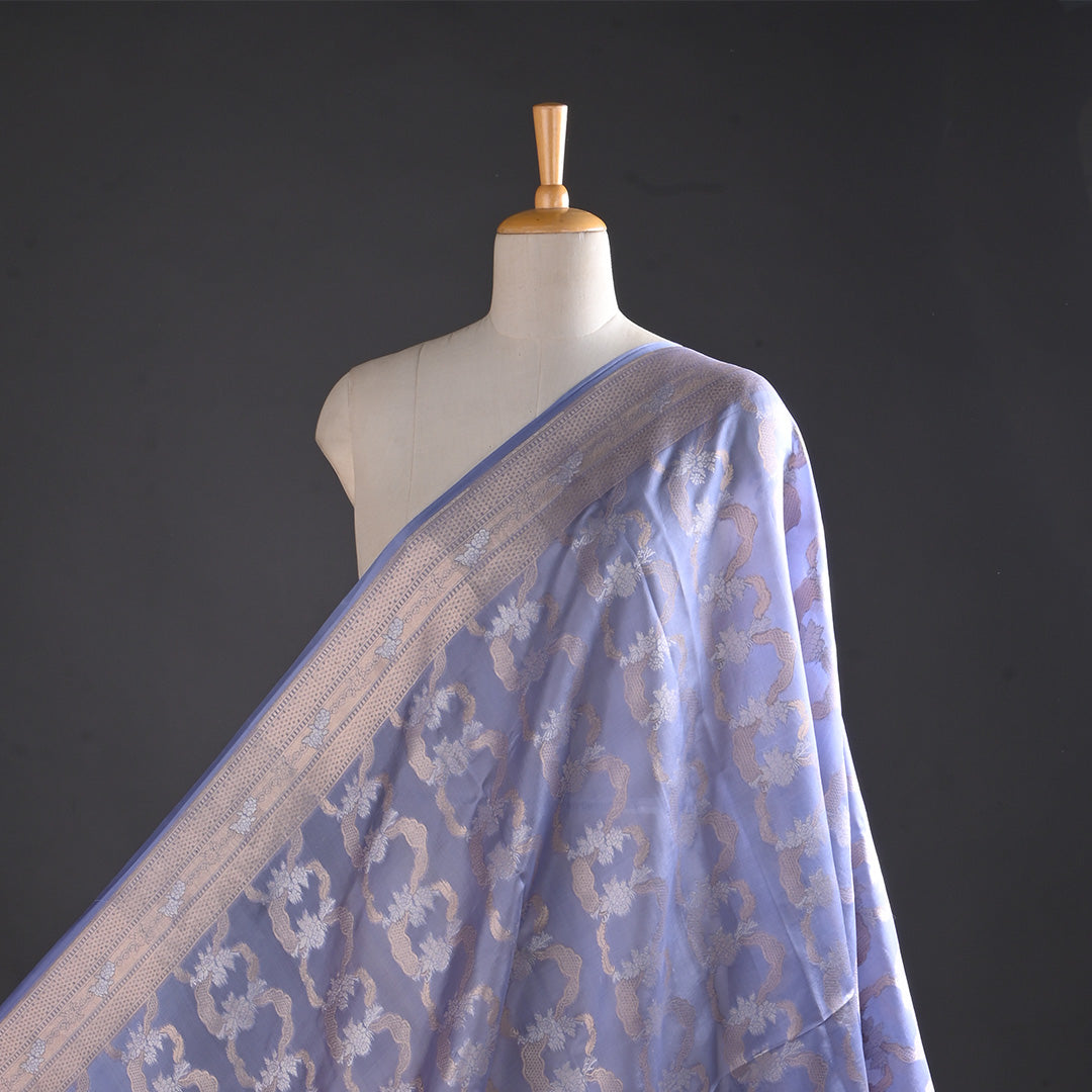 Stone Blue Jamawar Silk Fabric With Floral Pattern